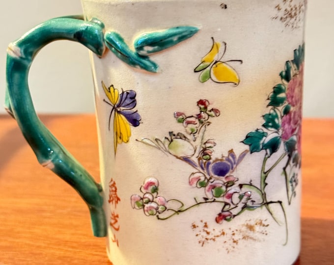 Antique Japanese Satsuma Pottery Cup With Green Handle Hand Painted early 20th Century Lover Antiques and Vintage