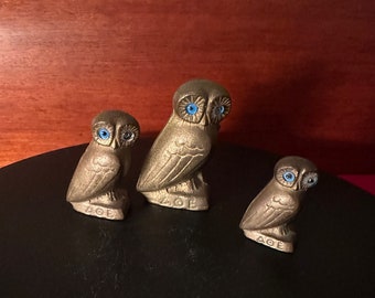 Vintage Brass Owl Family of 3, Brass Owls, Brass Owls with Gems, Lover Antiques and Vintage