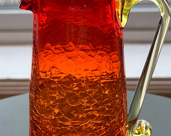 Vintage Crackle Amber Art Glass  Colored Pitcher with handle orange and yellow