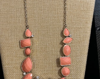 Vintage Coral Orange Statement Necklace: Gold Style Chain