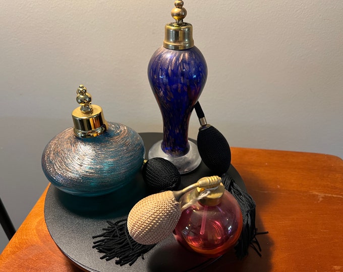 Vintage Cobalt Blue Venetian Collection of 3 Perfume Bottles Decanters, Atomizers, Glass Art, Pretty Bottle, Artsy Lover Antiques