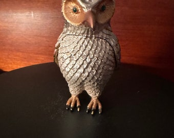 Vintage zilverkleurige metalen uil die open kan, uilen sieradendoosje, Lover Antiques
