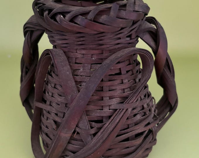 Antique Japanese Ikebana Leather and Bamboo Weaved Basket with Two Side Handles Lover Antiques and Vintage