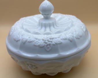 Vintage Westmoreland Paneled Grape Lidded Candy Dish Chocolate Box Milk Glass Lover Antiques and Vintage