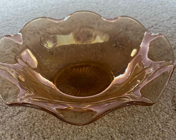 Jeannette Iris and Herringbone Marigold Carnival Glass Ruffled Bowl, Lover Antiques and Vintage
