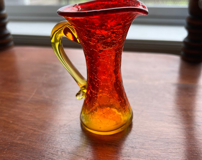 Vintage Amber Crackle Art Glass Orange mini pitcher with handle