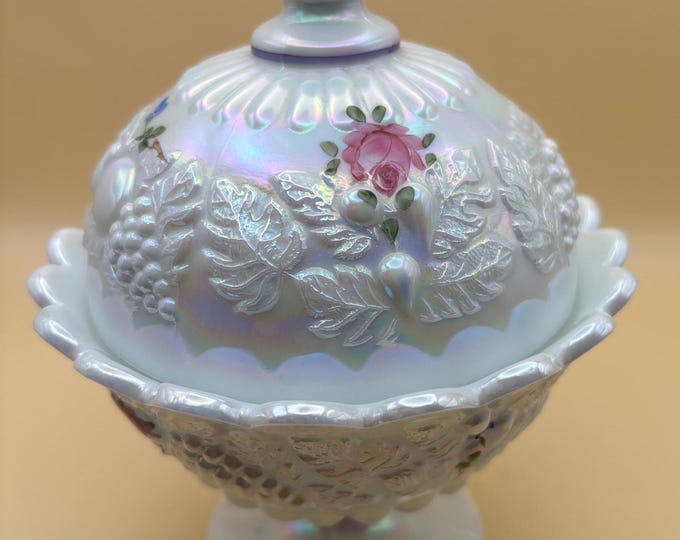 Vintage Westmoreland Iridescent Lidded Compote Candy Dish Grapevine Pattern with Hand Painted Roses Design Lover Antiques and Vintage