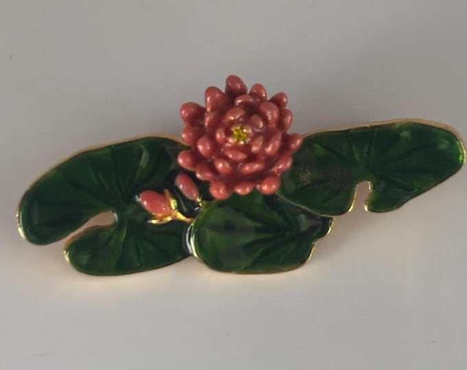 Vintage MFA Enamel Lily Pad and Lotus Flower Brooch Pin Claude Money Museum of Fine Arts Water Lilies Lover Antiques and Vintage