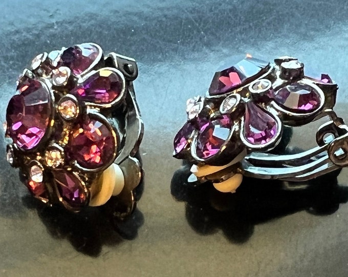 Vintage Purple Burst Sparkle crystals art clip on earrings earring jewelry