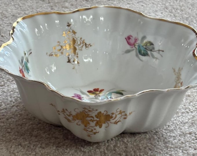 Antique German Dresden Scalleoped With Gold Trim, Ruffled Serpentine Floral Butterfly Bowl, Gold Gilded Plate, Lover Antiques and Vintage