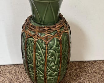 Antique Green Ceramic Vase with Woven Rattan Accents | Vintage Ironstone Garden Decor | Bohemian Home Gift | 1900s Collectible Antiques