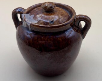 Antique Bennington Rockingham Stoneware Miniature Bean Pot Clay Pot with Lid Lover Antiques and Vintage