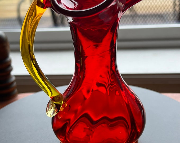 Vintage Kanawha Amberina 5” Glass Pitcher Bud Vase Applied Handle Red Yellow Lover Antiques and Vintage