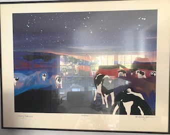 Vintage Woody Jackson Starry Pastures 1993 Signed Numbered & Framed Cow Print Abstract Ben and Jerry artwork art Lover Antiques and Vintage