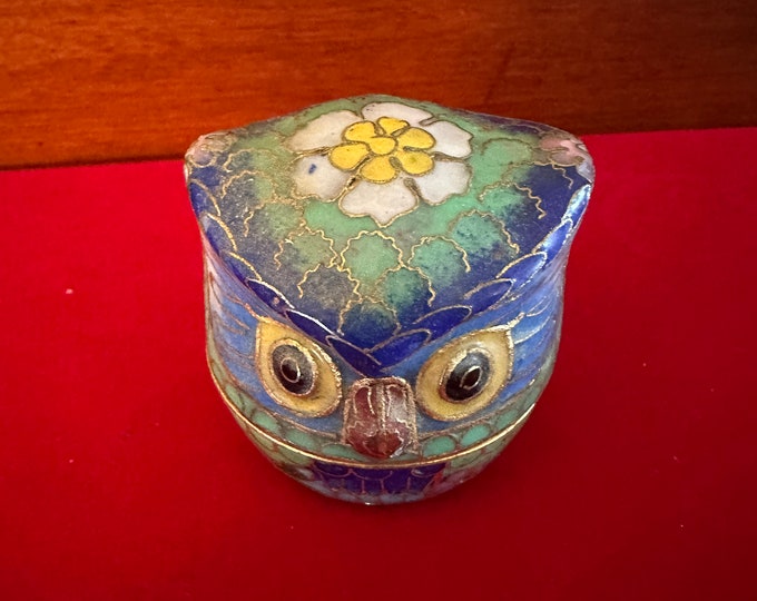 Vintage Cloisonné Enameled Owl Trinket Box, Flower Design on Top, Brass with Enamel Owl Box, Owl Figurine, Lover Antiques and Vintage