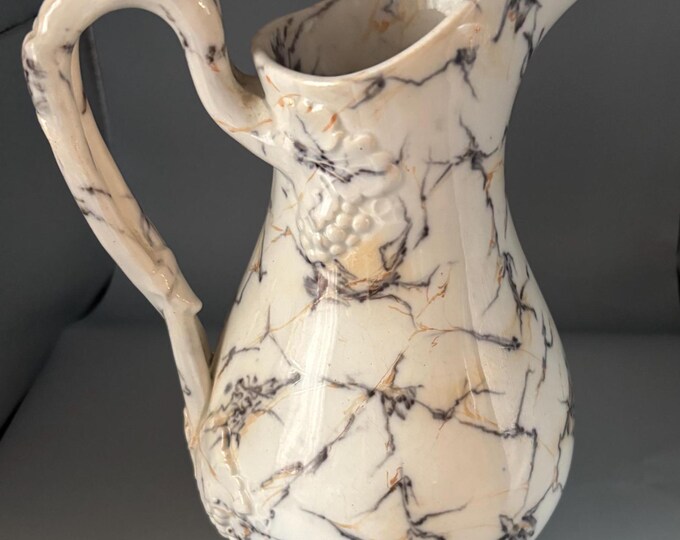 Antique Brush McCoy Pottery Chromoveil Pitcher, Ivory Glaze Marbleized String Doodle Pattern, Lover Antiques and Vintage