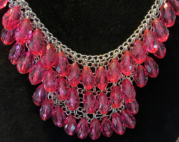 Vintage Bib Style Necklace With Pink Quart Dangling Shag Cha Cha Silver Chain Accents Jewelry Pretty Things Lover Antiques and Vintage
