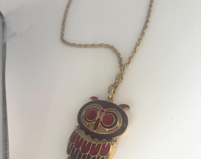 Red Enamel and Gold Owl Necklace, Unique Gift for Her, Articulated Owl Jewelry, Gift for Lover