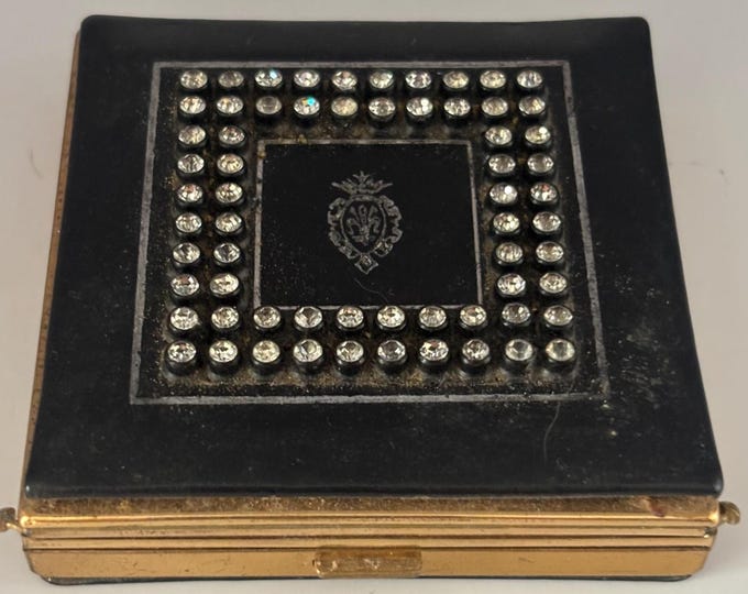 Vintage Black & Gold Square Enamel Powder Puff Case Rhinestones Lover Antiques and Vintage