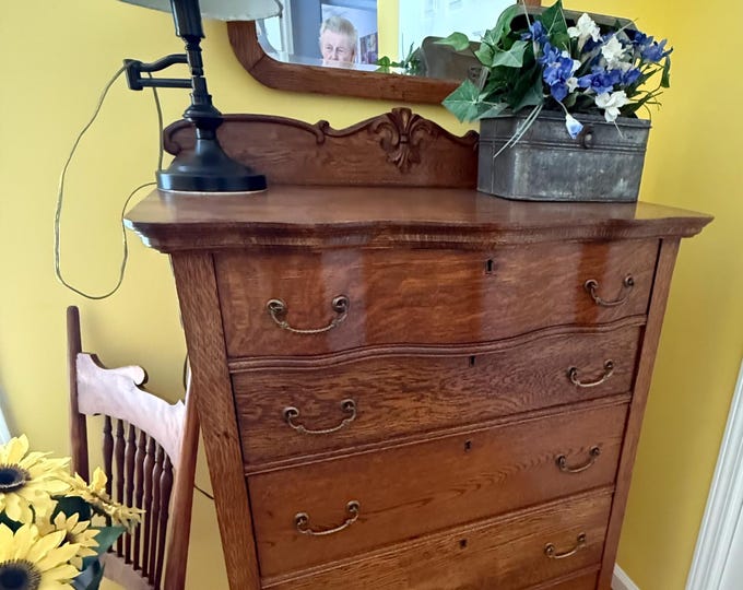 Antique Tiger Oak Serpentine Tall Boy Dresser with Mirror, Lover Antiques and Vintage
