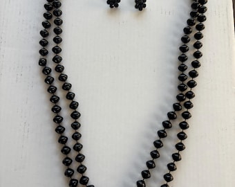 Vintage Long Black Beaded Necklace and Matching Earrings Lover Antiques and Vintage