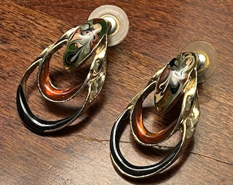 Vintage Karissa Earrings, Rust Swirls of Copper and Black Enamel Double Loop, Brass Jewelry