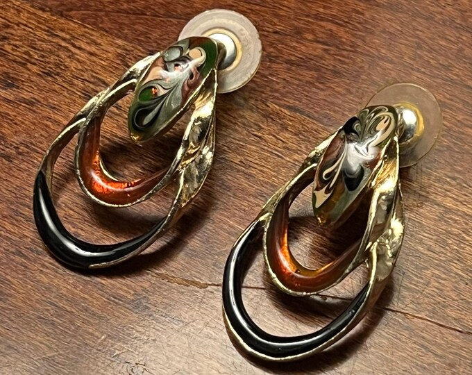Vintage Karissa Rust and Swirls of Copper and Brown Enamel Double Loop Earrings