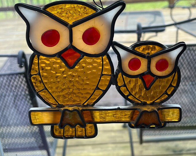 Vintage Stained Glass Owl, Stained Glass 2 Owls, Mom and Baby Owl, Family of Owls, Stained Glass Owls, Lover Antiques and Vintage
