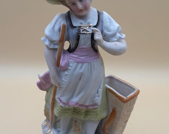 Antique Meissen Porcelain Woman with Broom and Flower Basket Statue Germany Hand Painted Figurine Lover Antiques and Vintage
