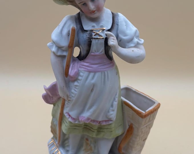 Antique Meissen Porcelain Woman with Broom and Flower Basket Statue Germany Hand Painted Figurine Lover Antiques and Vintage
