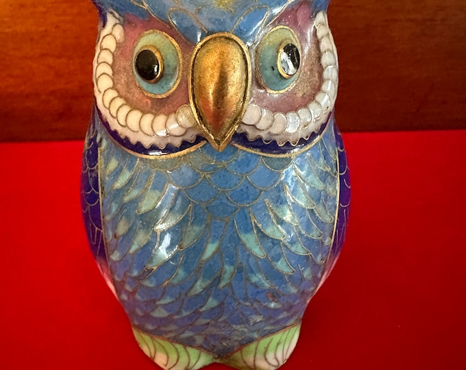 Vintage Cloisonné Enamel Owl Statue with Brass Base, Colorful Enameled Cobalt Blue Owl Figurine, Lover Antiques and Vintage
