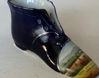 Antique Cobalt Blue Shoe RS Prussian Porcelain Hand Painted Slipper Shoe Ross Castle Killarney Lover Antiques and Vintage