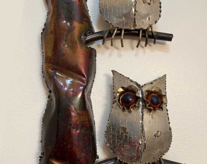 Vintage Owl Metal Wall Hanging Art Nobody’s Perfect marble eyes on owls Copper Wall Hanging Artwork Curtis Jere Style
