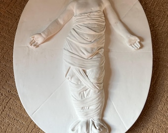 Antique Caproni Plaster Plaque Bambino with Open Arms, Della Robbia Style Swaddled Baby, 1920's Original, Very RARE