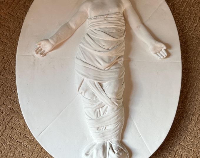 Antique Caproni Plaster Plaque Bambino with Open Arms, Della Robbia Style Swaddled Baby, 1920's Original, Very RARE