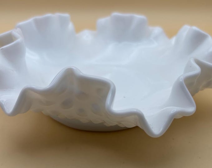 Fenton Milk Glass Hobnail Ruffled Bowl Bonbon Dish Ruffled Art Glass Lover Antiques and Vintage