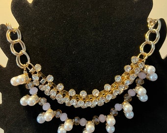 Vintage Bib Style Faux Diamonds and Pearls Necklace With Gold Accents Jewelry Pretty Things Lover Antiques