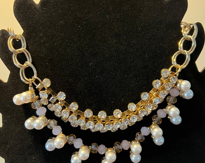 Vintage Bib Style Faux Diamonds and Pearls Necklace With Gold Accents Jewelry Pretty Things Lover Antiques