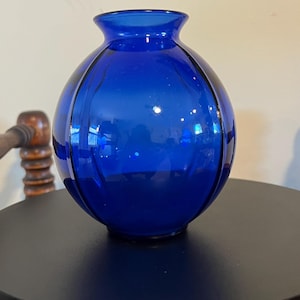 Vintage Cobalt Blue Glass Ball Vase Ribbed Pressed Glass Pretty Elegant Gifts at Lover Antiques and Vintage