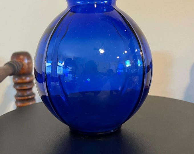Vintage Cobalt Blue Glass Ball Vase Ribbed Pressed Glass Pretty Elegant Gifts at Lover Antiques and Vintage