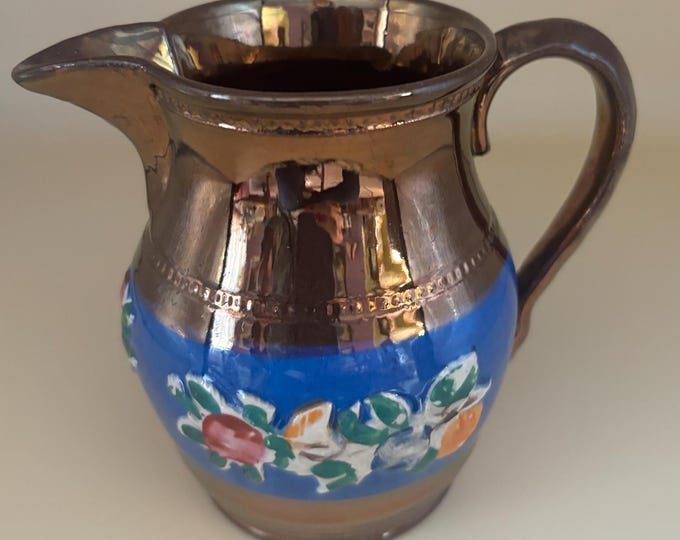 Antique Stafforshire Hand Painted Copper Lustreware Milk Jug Mini Pitcher Circa 1880’s Lover Antiques and Vintage
