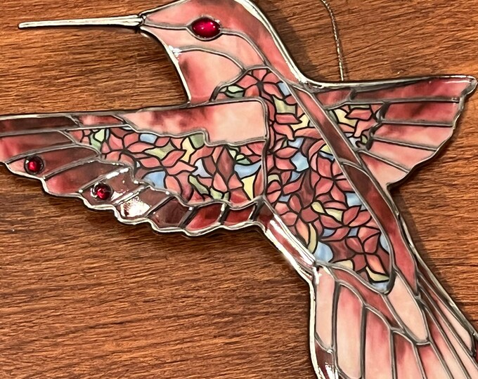 Vintage Red Pink Hummingbird Stained Glass Art Sun Catcher pink bird ornament Bradford Exchange Garden Jewels Ornament Bird