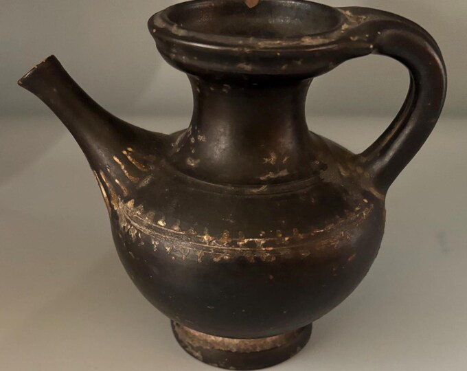 Antique Black Glazed Guttus with Loop Handle Funnel Spout Lover Antiques Vintage