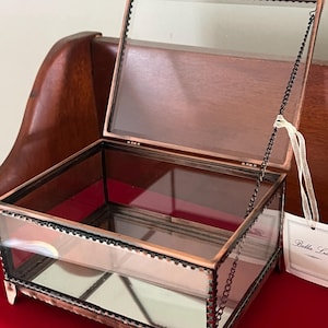 Vintage Bella Lux Copper & Beveled Glass Trinket Box: Hollywood Regency Jewelry Casket