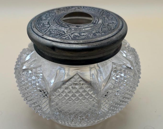 Antique Victorian Cut Crystal Hair Receiver Jar Sterling Silver Lid Lover Antiques and Vintage