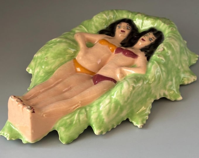 Vintage Majolica Ceramic Women in Swimsuits Dish, Reclining on Green Leaf Base, Decorative Art Piece, Lover Antiques and Vintage