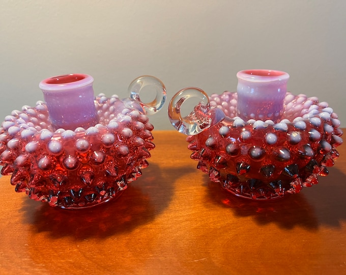 Vintage Fenton Cranberry Opalescent Hobnail Candleholder Pair Art Glass Pink Rose vintage