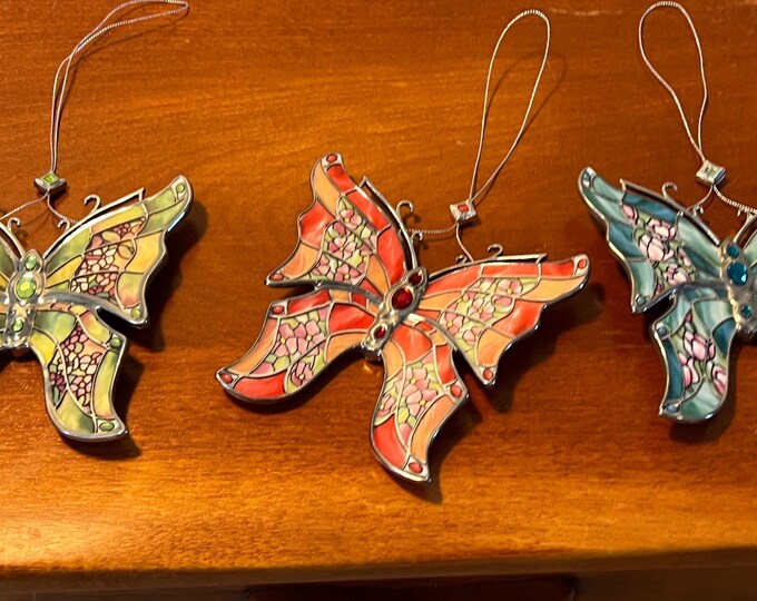 Vintage Bradford Editions Butterflies Silken Wings Porcelain Lot of 3 stained glass butterfly Christmas ornaments gift Set #7