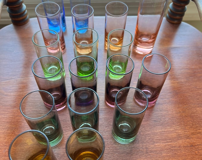 Vintage Rainbow Shot Glasses Set of 17 Mid Century Modern Moser Art Glass Pieces Shot Glass Multi-Color Array Variety Artwork