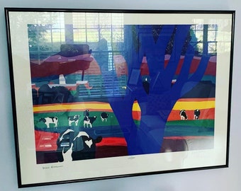 Vintage Woody Jackson Blue Elm Signed & Framed Cow Print Abstract Ben and Jerry artwork art Lover Antiques and Vintage